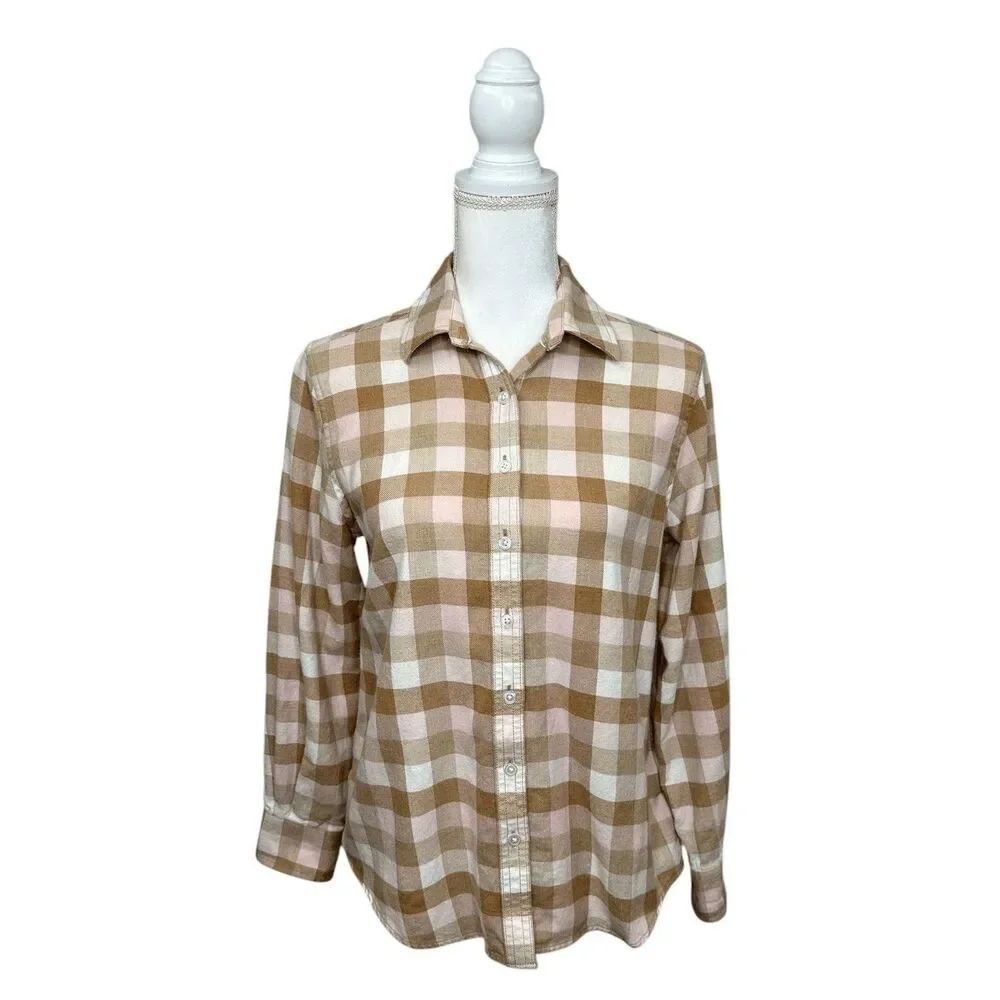 Lands’ End Pink Buffalo Check Petite 8 Plaid Button Down Shirt Beige Cotton